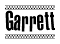 The image is a black and white clipart of the text Garrett in a bold, italicized font. The text is bordered by a dotted line on the top and bottom, and there are checkered flags positioned at both ends of the text, usually associated with racing or finishing lines.