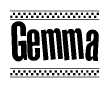 The clipart image displays the text Gemma in a bold, stylized font. It is enclosed in a rectangular border with a checkerboard pattern running below and above the text, similar to a finish line in racing. 