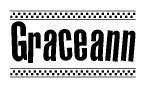 The image is a black and white clipart of the text Graceann in a bold, italicized font. The text is bordered by a dotted line on the top and bottom, and there are checkered flags positioned at both ends of the text, usually associated with racing or finishing lines.
