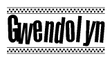 The clipart image displays the text Gwendolyn in a bold, stylized font. It is enclosed in a rectangular border with a checkerboard pattern running below and above the text, similar to a finish line in racing. 