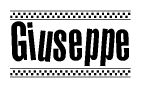 The clipart image displays the text Giuseppe in a bold, stylized font. It is enclosed in a rectangular border with a checkerboard pattern running below and above the text, similar to a finish line in racing. 