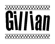 The image is a black and white clipart of the text Gillian in a bold, italicized font. The text is bordered by a dotted line on the top and bottom, and there are checkered flags positioned at both ends of the text, usually associated with racing or finishing lines.