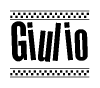 The image contains the text Giulio in a bold, stylized font, with a checkered flag pattern bordering the top and bottom of the text.