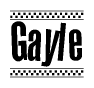 The image is a black and white clipart of the text Gayle in a bold, italicized font. The text is bordered by a dotted line on the top and bottom, and there are checkered flags positioned at both ends of the text, usually associated with racing or finishing lines.