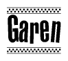 The clipart image displays the text Garen in a bold, stylized font. It is enclosed in a rectangular border with a checkerboard pattern running below and above the text, similar to a finish line in racing. 