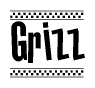 The clipart image displays the text Grizz in a bold, stylized font. It is enclosed in a rectangular border with a checkerboard pattern running below and above the text, similar to a finish line in racing. 