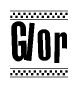 The image is a black and white clipart of the text Glor in a bold, italicized font. The text is bordered by a dotted line on the top and bottom, and there are checkered flags positioned at both ends of the text, usually associated with racing or finishing lines.