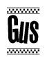 The image contains the text Gus in a bold, stylized font, with a checkered flag pattern bordering the top and bottom of the text.