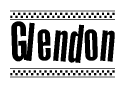 The image is a black and white clipart of the text Glendon in a bold, italicized font. The text is bordered by a dotted line on the top and bottom, and there are checkered flags positioned at both ends of the text, usually associated with racing or finishing lines.