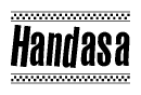 The image contains the text Handasa in a bold, stylized font, with a checkered flag pattern bordering the top and bottom of the text.