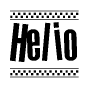 The image is a black and white clipart of the text Helio in a bold, italicized font. The text is bordered by a dotted line on the top and bottom, and there are checkered flags positioned at both ends of the text, usually associated with racing or finishing lines.