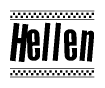 The image contains the text Hellen in a bold, stylized font, with a checkered flag pattern bordering the top and bottom of the text.