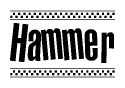 The image is a black and white clipart of the text Hammer in a bold, italicized font. The text is bordered by a dotted line on the top and bottom, and there are checkered flags positioned at both ends of the text, usually associated with racing or finishing lines.