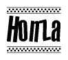 The image is a black and white clipart of the text Honza in a bold, italicized font. The text is bordered by a dotted line on the top and bottom, and there are checkered flags positioned at both ends of the text, usually associated with racing or finishing lines.