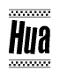 The clipart image displays the text Hua in a bold, stylized font. It is enclosed in a rectangular border with a checkerboard pattern running below and above the text, similar to a finish line in racing. 