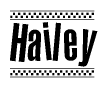 The image contains the text Hailey in a bold, stylized font, with a checkered flag pattern bordering the top and bottom of the text.