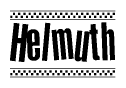 The image is a black and white clipart of the text Helmuth in a bold, italicized font. The text is bordered by a dotted line on the top and bottom, and there are checkered flags positioned at both ends of the text, usually associated with racing or finishing lines.
