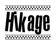 The image is a black and white clipart of the text Hikage in a bold, italicized font. The text is bordered by a dotted line on the top and bottom, and there are checkered flags positioned at both ends of the text, usually associated with racing or finishing lines.