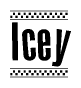 The image contains the text Icey in a bold, stylized font, with a checkered flag pattern bordering the top and bottom of the text.
