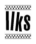 The image is a black and white clipart of the text Ilks in a bold, italicized font. The text is bordered by a dotted line on the top and bottom, and there are checkered flags positioned at both ends of the text, usually associated with racing or finishing lines.