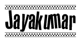 The clipart image displays the text Jayakumar in a bold, stylized font. It is enclosed in a rectangular border with a checkerboard pattern running below and above the text, similar to a finish line in racing. 