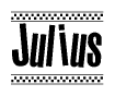 The image contains the text Julius in a bold, stylized font, with a checkered flag pattern bordering the top and bottom of the text.