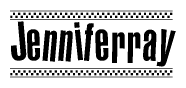 The image is a black and white clipart of the text Jenniferray in a bold, italicized font. The text is bordered by a dotted line on the top and bottom, and there are checkered flags positioned at both ends of the text, usually associated with racing or finishing lines.