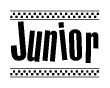 The clipart image displays the text Junior in a bold, stylized font. It is enclosed in a rectangular border with a checkerboard pattern running below and above the text, similar to a finish line in racing. 