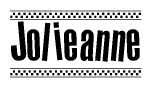 The clipart image displays the text Jolieanne in a bold, stylized font. It is enclosed in a rectangular border with a checkerboard pattern running below and above the text, similar to a finish line in racing. 