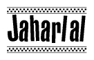 The image contains the text Jaharlal in a bold, stylized font, with a checkered flag pattern bordering the top and bottom of the text.
