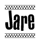 The image contains the text Jare in a bold, stylized font, with a checkered flag pattern bordering the top and bottom of the text.