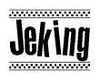 The image contains the text Jeking in a bold, stylized font, with a checkered flag pattern bordering the top and bottom of the text.