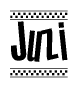 The image contains the text Juzi in a bold, stylized font, with a checkered flag pattern bordering the top and bottom of the text.