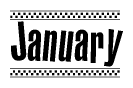 The image contains the text January in a bold, stylized font, with a checkered flag pattern bordering the top and bottom of the text.