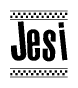 The image is a black and white clipart of the text Jesi in a bold, italicized font. The text is bordered by a dotted line on the top and bottom, and there are checkered flags positioned at both ends of the text, usually associated with racing or finishing lines.