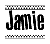 The image is a black and white clipart of the text Jamie in a bold, italicized font. The text is bordered by a dotted line on the top and bottom, and there are checkered flags positioned at both ends of the text, usually associated with racing or finishing lines.