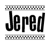The image contains the text Jered in a bold, stylized font, with a checkered flag pattern bordering the top and bottom of the text.