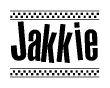 The image contains the text Jakkie in a bold, stylized font, with a checkered flag pattern bordering the top and bottom of the text.