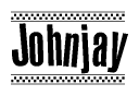 The image is a black and white clipart of the text Johnjay in a bold, italicized font. The text is bordered by a dotted line on the top and bottom, and there are checkered flags positioned at both ends of the text, usually associated with racing or finishing lines.