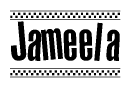 The image is a black and white clipart of the text Jameela in a bold, italicized font. The text is bordered by a dotted line on the top and bottom, and there are checkered flags positioned at both ends of the text, usually associated with racing or finishing lines.