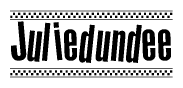 The clipart image displays the text Juliedundee in a bold, stylized font. It is enclosed in a rectangular border with a checkerboard pattern running below and above the text, similar to a finish line in racing. 