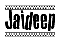 The image contains the text Jaideep in a bold, stylized font, with a checkered flag pattern bordering the top and bottom of the text.