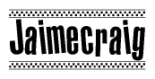 The image is a black and white clipart of the text Jaimecraig in a bold, italicized font. The text is bordered by a dotted line on the top and bottom, and there are checkered flags positioned at both ends of the text, usually associated with racing or finishing lines.