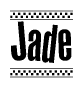 The image is a black and white clipart of the text Jade in a bold, italicized font. The text is bordered by a dotted line on the top and bottom, and there are checkered flags positioned at both ends of the text, usually associated with racing or finishing lines.