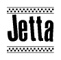The image contains the text Jetta in a bold, stylized font, with a checkered flag pattern bordering the top and bottom of the text.