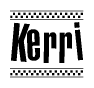 The image is a black and white clipart of the text Kerri in a bold, italicized font. The text is bordered by a dotted line on the top and bottom, and there are checkered flags positioned at both ends of the text, usually associated with racing or finishing lines.