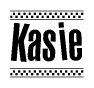 The image contains the text Kasie in a bold, stylized font, with a checkered flag pattern bordering the top and bottom of the text.