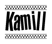 The image contains the text Kamill in a bold, stylized font, with a checkered flag pattern bordering the top and bottom of the text.