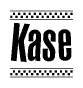 The image is a black and white clipart of the text Kase in a bold, italicized font. The text is bordered by a dotted line on the top and bottom, and there are checkered flags positioned at both ends of the text, usually associated with racing or finishing lines.