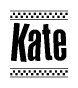 The image is a black and white clipart of the text Kate in a bold, italicized font. The text is bordered by a dotted line on the top and bottom, and there are checkered flags positioned at both ends of the text, usually associated with racing or finishing lines.